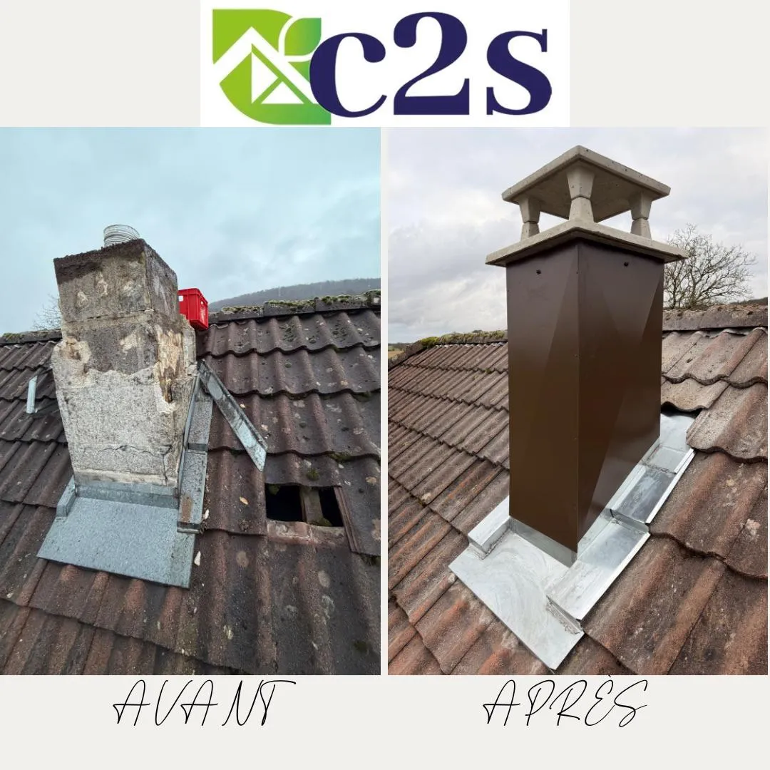 Avant/après : habillage cheminée zinc sur tuiles brunes