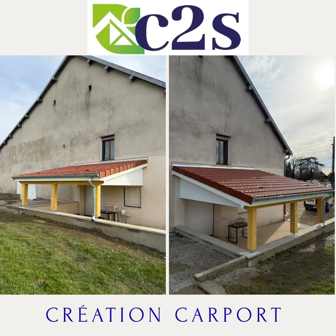 Réalisation C2S : construction auvent charpente et couverture